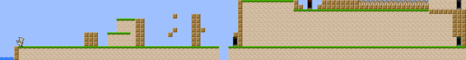 A horizontal capture of a video game level. The main character who is a dragon is placed on the left. Doors are placed on the right side of the level. The level is split by a gap in the middle.